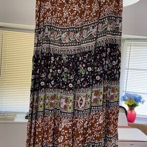 Brown Floral Midi Skirt - Brown White Lime Black - Multiple Patterns - sz 18/20W